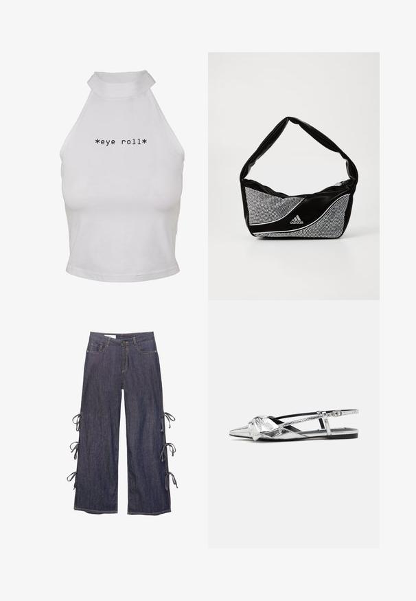 Witte halternek crop top van een gladde stof, met de tekst "*eye roll*" in vetgedrukte zwarte letters gecentreerd aan de voorkant.; Denim wijde broek in donkerblauw met zijstrikken en een knoopsluiting. Heeft voorzakken en een ontspannen silhouet.; Zilver metallic slingback ballerina's met een spitse neus, voorzien van een knoopdetail aan de voorkant en een verstelbare band voor een secure pasvorm.; Zwarte en zilveren adidas-handtas met een gladde textuur, voorzien van een glanzend gestofd patroon en een onderscheidend gebogen ontwerp.