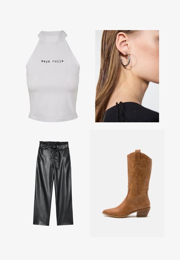 Valge halter-kaelusega lühike topp, mis on valmistatud siledast kangast ning millel on ees keskel paksus mustas fondis tekst "*silma veeremine*".; Must mustra aktiivse nahaga laiad püksid elastse kroogitud vöökoht ja eemaldatav sidumisrihm. Sile tekstuur ja minimaalne sära.; Kohvitooni nahast cowboy-kork, millel on terav varvas, tikitud keerised varrel ja virnastatud ploki konts. Omab tõmbeava, et seda oleks lihtne jalga panna.; Hõbedane rõngas kõrvarõngas poleeritud viimistlusega, millel on väikesed kuldsed aktsendid ja ümmargune kuju, kantud lobus.