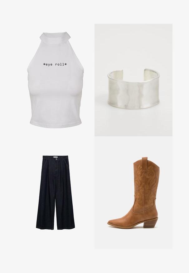 Hvid halterneck crop top lavet af glat stof, med teksten "*eye roll*" i fed sort skrift centreret foran.; Mørk denim bredbenede bukser med høj talje, der har en frontlukning med knap, to sidelommer og syningsdetaljer.; Tan læder cowboystøvle med spids tå, broderede svirvelmønstre på skaftet og en stablet blokhæl. Har en træksløjfe for nem af/på.; Zign Armbånd - silver-coloured