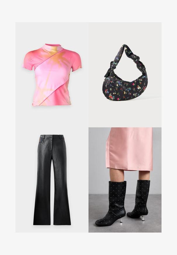 Short-sleeve pink top with a high neckline, featuring a diagonal wrap design and a gradient floral pattern in lighter shades.; Black leather flared pants with a smooth texture, featuring two front pockets with black and brown accents near the waist.; Black knee-high boots made of smooth material, featuring a subtle studded pattern and silver tone heel. Paired with a pink satin dress.; Black crescent-shaped handbag with colorful floral print and knotted handles, featuring a small metallic logo on the bottom right side.