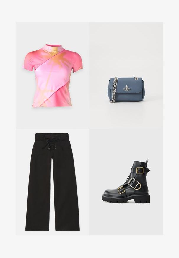 Lühikeste varrukatega roosa topp kõrge kaelusega, millel on diagonaalne keerutamise disain ja heledamates toonides gradiendi lillemuster.; Mustad laiad püksid kõrge vöökohaga, lipsu ees sulgemise ja nupuga. Valmistatud denimist, millel on sile tekstuur.; Mustad nahast pahkluu saapad, millel on paks tald, mitmete rihmade ja kuldsete detailidega. Sile tekstuur, robustne disain.; Sinine tekstuuriga faux nahast käekott, millel on hõbedane ketirihm ja logo aktsent ees. Klambri sulgemine ja klapi disain.