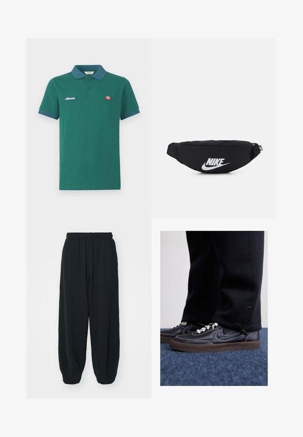 Camisa polo verde feita de algodão, com colarinho e punhos azuis contrastantes. Apresenta um logótipo bordado e um pequeno design colorido no peito.; Calças de fato de treino pretas, com cintura elástica e um corte solto, com punhos nas pernas, textura suave e sem padrões visíveis ou detalhes de metal.; Nike Sportswear KILLSHOT 2 LTR PRM OPP2 - Sapatilhas - black sail baroque brown mtlc dk grey; Mochila de cintura preta em nylon com fecho com zíper, apresentando um grande logótipo branco da Nike. Textura suave e design ergonómico para um uso confortável.