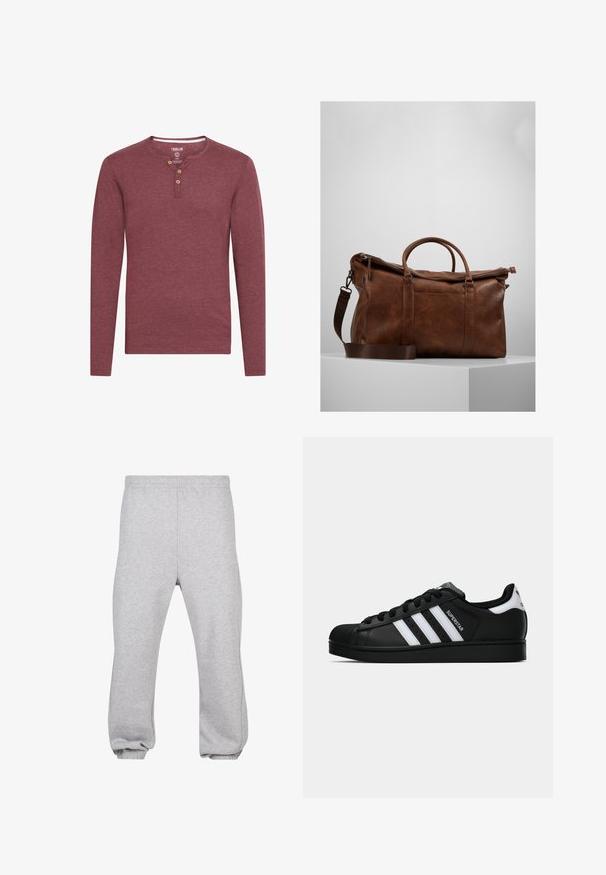 Dolgi rokav, bordo rdeča henley majica iz mehkega materiala, z zaobljenim ovratnikom in tremi lesenimi gumbi na zapenjanju.; Sive trenirke iz mešanice bombaža, z elastičnim pasom, zoženimi nogami in manšetami na robovih. Preprost dizajn brez vzorcev.; Črne superge Adidas Superstar z belimi črtami, zaščitnim pokrovom na prstih in napisom "Superstar" na strani, prikazane v bočnem profilu na beli podlagi.; Brahna usnjena potovalna torba z zadrgo, dvojno ročajema, nastavljivim naramnim trakom in vidnimi teksturami na površini.