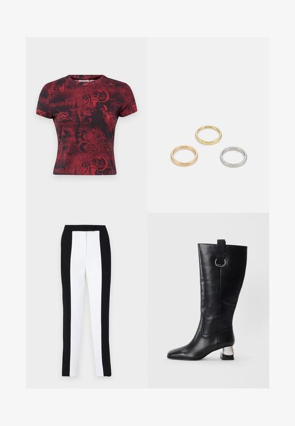 Guess Originals GO PRINTED TIE UP TEE - T-shirt print - ravishing red multi; Zwart-witte tapered broek met een slanke pasvorm en contrasterende panelen. De stof heeft een gladde textuur; de tailleband is plat en aansluitend.; Zwarte leren kniehoge laars met een spitse neus, vierkante hak met een metalen accent, en een lusdetail aan de bovenkant. Glad oppervlak.; Drie metalen ringen: één roségoud, één goud met een gestructureerd accent en één zilver, allemaal met gegraveerde branding aan de binnenzijde.