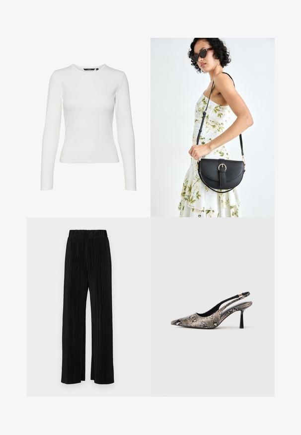 Cămașă albă cu mânecă lungă, dintr-un material ribbed, cu decolteu rotund și design ajustat. Fără modele sau accente vizibile.; Pantaloni negri plisati cu talie elastică. Prezintă picioare largi și un material neted, texturat, cu dungi verticale.; Pantofi slingback cu vârf ascuțit, din material texturat cu imprimeu de șarpe, având un toc subțire negru și un design decupat pe laterale.; Geantă din piele neagră, cu o formă curbată, curea detașabilă și accesorii aurii. Geanta are un capac cu un detaliu tip cataramă.