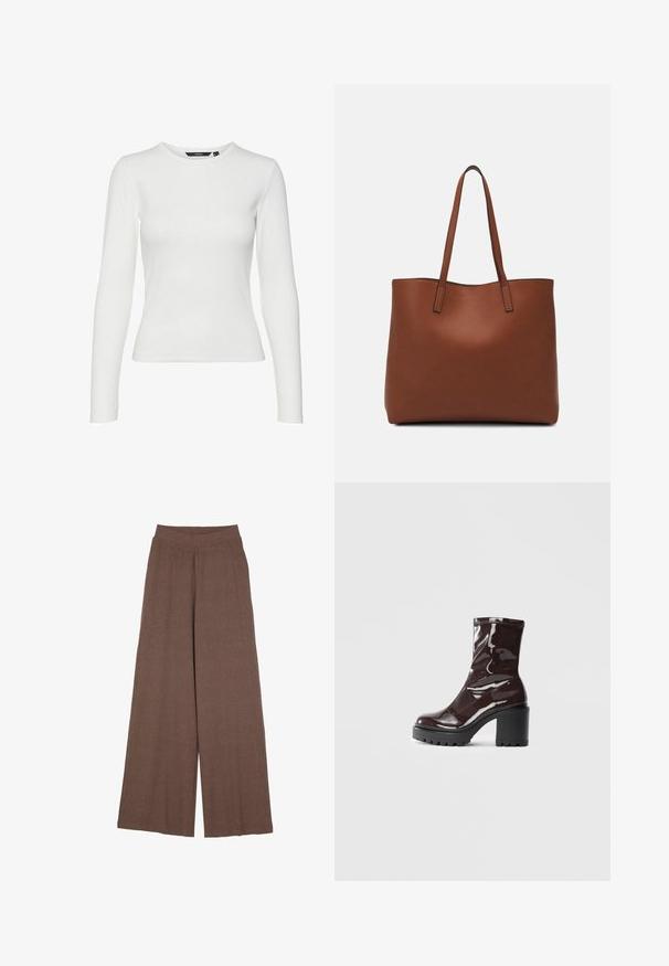 Valkoinen pitkähihainen paita ribbikankaasta, jossa on pyöreä pääntie ja tiukka muotoilu. Ei näkyviä kuvioita tai yksityiskohtia.; Laadukkaasta, raidoitettusta kankaasta valmistetut leveälahkeiset housut lämpimässä ruskeassa värissä. Ominaisuuksina on saumaton vyötärö ja laskeutuva siluetti.; Satea bordeaux berwarna mengkilap dengan tumit hitam tebal, menampilkan tekstur halus dan desain sederhana. Tanpa pengikat atau pola yang terlihat.; Ruskea nahkainen olkalaukku, jossa on sileä pinta, avoin yläosa ja kaksi olkahihnaa. Omaavat vain minimaalisen ompelun eikä näkyvää metalliosaa.