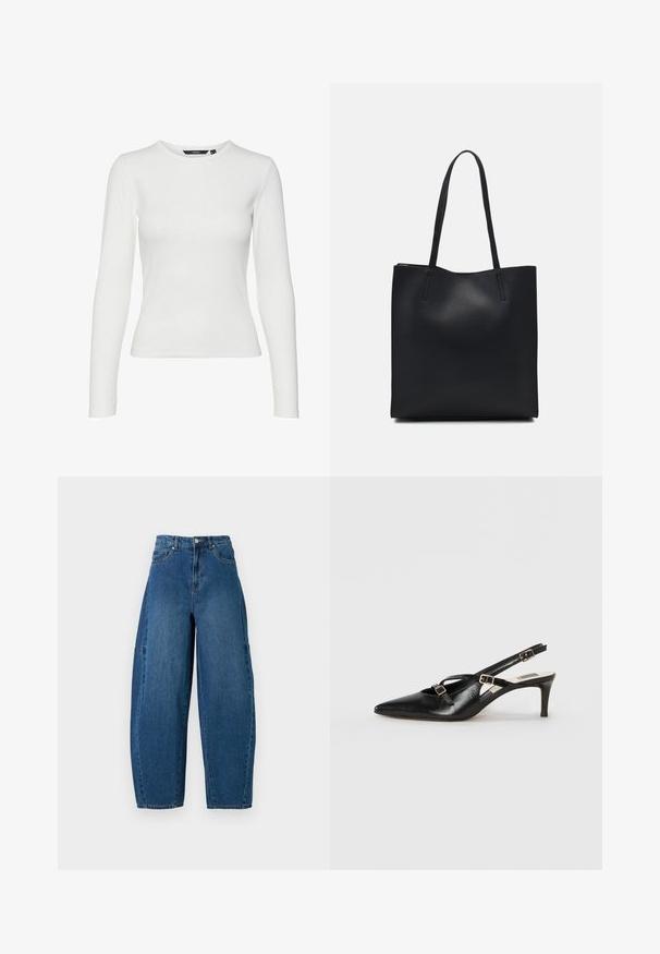 Weißes Langarmshirt aus geripptem Stoff mit rundem Ausschnitt und enganliegendem Design. Keine sichtbaren Muster oder Akzente.; Denimjeans in einer mittleren blauen Waschung, mit hoher Taille, weit geschnittenem Bein und dem typischen fünf Taschen Design mit sichtbaren Nahtdetails.; Schwarze Leder-Slingback-Schuh mit spitzem Zehenbereich, ausgestattet mit dünnen Riemen und metallischen Schnallen, auf einem 6 cm hohen, konischen Absatz. Glatte Textur.; Schwarze Laptoptasche aus Leder mit glatter Textur, rechteckiger Form und zwei langen Griffen. Keine sichtbaren Beschläge oder Verzierungen.