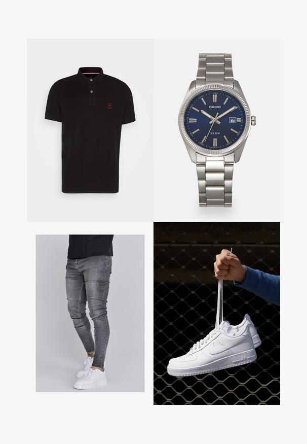 Sort polo skjorte med en to-knaps lukning, kortærmede og et lille rødt broderet logo. Fremstillet af bomuld med en glat tekstur.; Slank jeans i falmet grå denim med slidte detaljer ved knæene, parret med hvide sneakers. Glat tekstur, slim fit design.; Hvide lædersneakers med perforeringer, rund tå, flad sål og tykke snørebånd, med et synligt swoosh-logo og "AIR" på hælen.; Sølv rustfrit stål urrem med en marineblå urskive, metallic timemarkører og et datovindue kl. 3. Vandafvisende op til 50 meter.