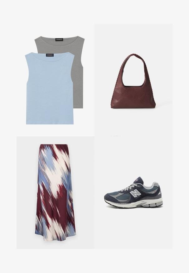 Divi bezpiedurkņu topi gaiši zilos un pelēkos toņos. Izgatavoti no mīkstas auduma ar apaļu kakla izgriezumu un taisnu apakšmalu. Etiķete redzama abiem topiem.; Garais svārki ar diagonālu saistīto krāsu rakstu bordo, zilā un krējuma krāsās, izgatavoti no mīkstas auduma, kam ir plūstoša silueta un neliels spīdums.; New Balance tenissoles ar jūras spēka krāsas sietu un ādas augšdaļu, pelēkiem akcentiem, baltu logotipu, mīkstu zoli un teksturētām detaļām.; Burgundijas krāsas ādas rokassoma ar trīsstūra formu, atvērta augšdaļa un izsieta detaļa gar rokturi. Gluda tekstūra ar matētu apdari.