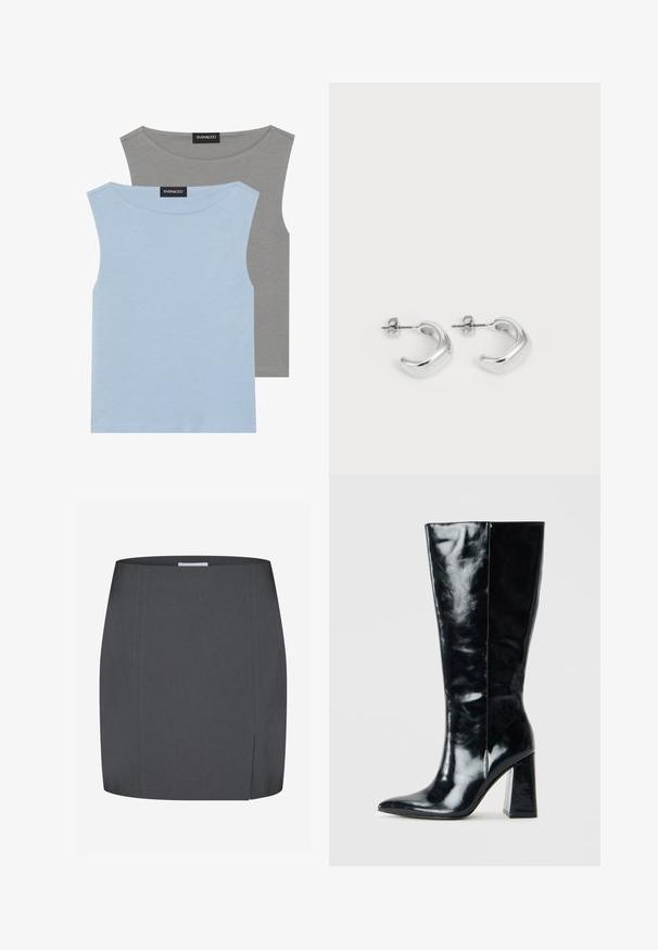 Twee mouwloze tops in lichtblauw en grijs. Gemaakt van zachte stof met een ronde halslijn en rechte zoom. Etiket zichtbaar op beide tops.; Envii SPLIT - Kokerrok - grey; Zwarte kniehoge laarzen van glanzend leer, met een puntige neus en een chunky geometrische hak met een zachte textuur.; Zilveren creolen met een gladde, gepolijste afwerking. Ronde vorm met een licht gebogen ontwerp en versmolten randen. Met pin sluiting.