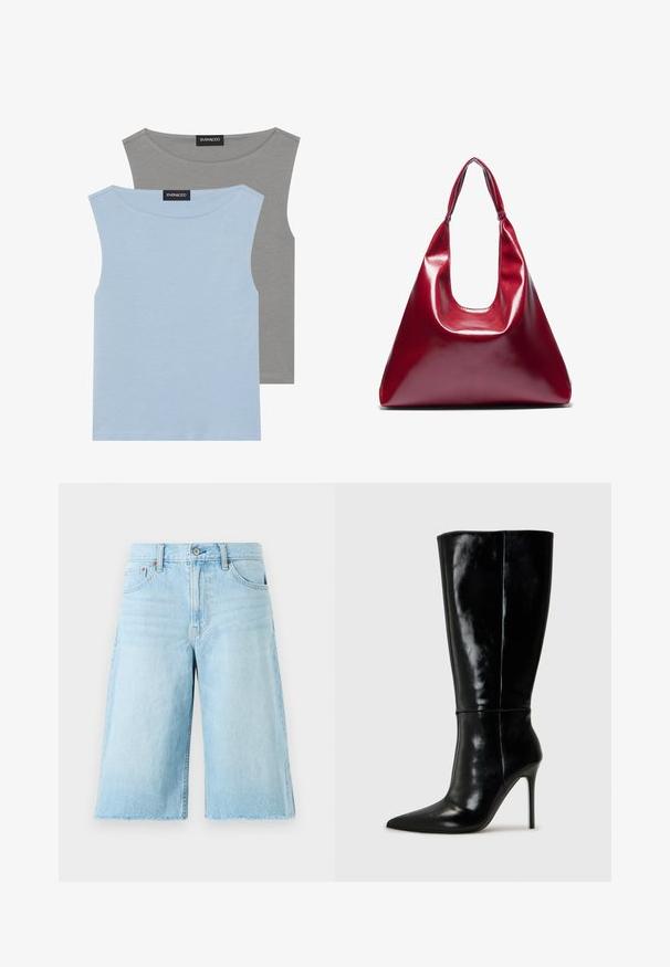 Two sleeveless tops in light blue and grey. Made of soft fabric with a rounded neckline and straight hem. Tag visible on both tops.; Light blue denim shorts with a loose fit, frayed hem, five pockets, and metal hardware. Classic jeans design with subtle fading.; Black leather knee-high boots with a pointed toe and high stiletto heel. Smooth texture and sleek design, featuring minimal detailing.; Red glossy leather handbag with a triangular shape, wide top opening, and a single curved handle. Smooth texture with minimal stitching details.