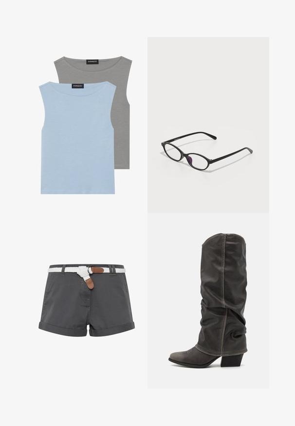 Dvě bezrukávové topy v světle modré a šedé barvě. Vyrobené z měkké látky s kulatým výstřihem a rovním lemem. Štítek viditelný na obou topech.; Šedé bavlněné šortky s ohrnutými lemy, s bílým splétaným opaskem a hnědými koženými detaily. Viditelné šití na látce.; Šedé kožené vysoké boty po lýtka s volným designem, špičatou špičkou a vyvýšeným podpatkem. Výrazné prošívání v oblasti špičky.; Černé plastové brýle oválného tvaru, vybavené průhlednými čočkami a jedním fialovým akcentem na levé čočce. Elegantní, minimalistický design.