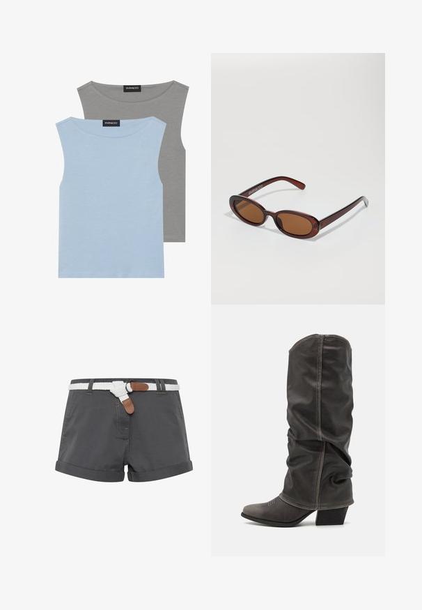 To sleeveless topper i lyseblå og grå. Laget av mykt stoff med rund hals og rett kant. Lappen synlig på begge topper.; Grå bomullsshorts med rullekanter, med et hvitt flettebelte og brune lærdetaljer. Synlig stikking på stoffet.; Grå skinnstøvletter i kalvhøyde med et slaskete design, spiss tå og stablet hæl. Merkbar sømdetalj på tåområdet.; Runde, brune solbriller med en blank burgunderfarvet ramme. Slanke arme med subtile brandingdetaljer. Flad linse design.