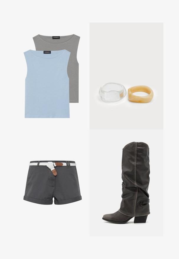 Dwie bezrękawnikowe bluzki w jasnoniebieskim i szarym kolorze. Wykonane z miękkiego materiału z okrągłym dekoltem i prostym dołem. Metka widoczna na obu bluzkach.; Szare bawełniane szorty z podwiniętymi nogawkami, z białym plecionym paskiem i brązowymi skórzanymi akcentami. Widoczne detale przeszycia na tkaninie.; Szare skórzane botki do połowy łydki o luźnym kroju, wносująca toe i z blokowanym obcasem. Zauważalne detale przeszycia w okolicy palców.; Jasne i bursztynowe pierścionki z żywicy, jeden gładki i przezroczysty, drugi z teksturowanym, bursztynowym wykończeniem. Oba mają zaokrąglone, masywne kształty.