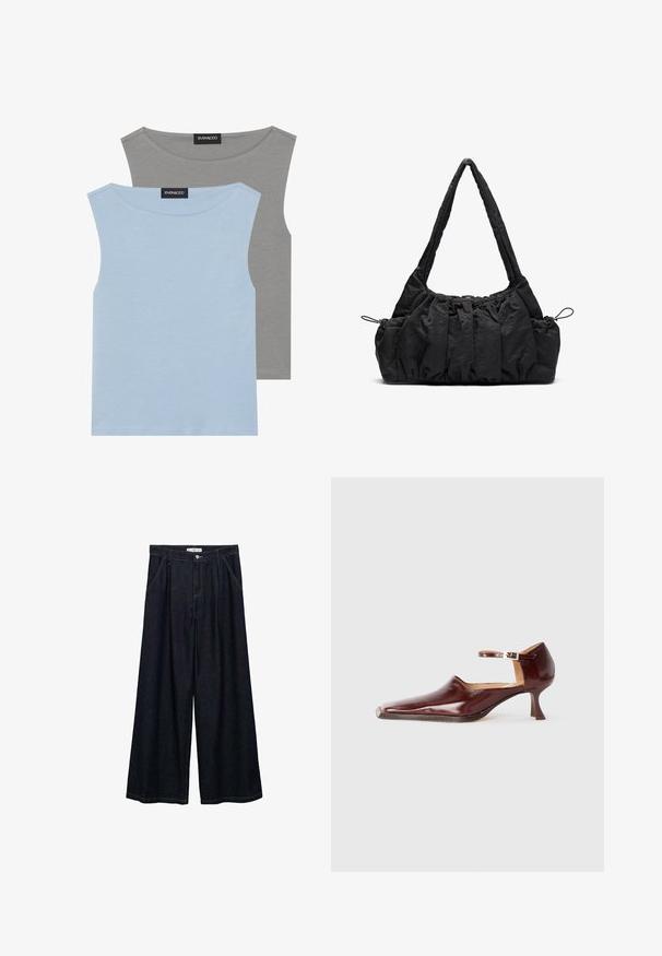 Two sleeveless tops in light blue and grey. Made of soft fabric with a rounded neckline and straight hem. Tag visible on both tops.; Dark denim wide-leg trousers with a high waist, featuring a front button closure, two side pockets, and stitching details.; Burgundy patent leather shoe with a pointed toe, ankle strap, and a 5 cm tapered heel. Smooth texture and minimalistic design.; Black fabric handbag with gathered texture, two shoulder straps, and drawstring closure on sides. Smooth, lightweight material.