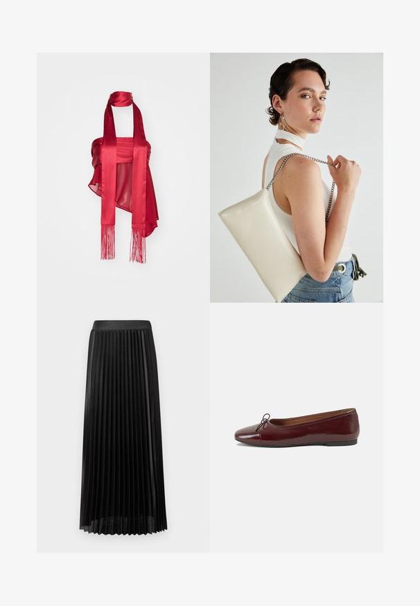 Červený saténový top s tvarovaným živůtkem, splývavými prvky a dlouhými třásněmi. Materiál má lesklý povrch a jemnou texturu.; Skládaná černá sukně s hladkým pasem, vyrobená z lehkého materiálu. Obsahuje ostré vertikální sklady a design o délce do poloviny lýtek.; Burgundské lakové baleríny s kulatou špičkou, malou mašlí vpředu a nízkou černou gumovou podrážkou. Hladký povrch.; Bílá obdélníková psaníčko vyrobené z lesklého materiálu, se stříbrným řetízkovým popruhem. Modelka pózuje a předvádí tašku na jednobarevném pozadí.
