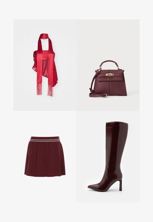 Red satin top featuring a structured bodice, flowing elements, and long fringed ties. The material has a glossy finish and soft texture.; Burgundy pleated skirt with a ribbed waistband featuring two thin white stripes. Textured fabric with a flared shape.; Even&Odd Boots - dark red; Burgundy leather handbag with a structured shape, detachable strap, top handle, gold hardware, and a front clasp closure.