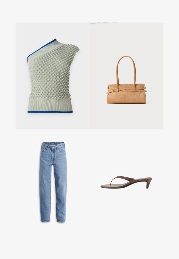 Asimetrično pleteno top oblačilo v svetlo sivi barvi z dvignjenim teksturiranim vzorcem; ima modro rebrasto ovratnik in rob. Edinstveno podrobno opravljanje izboljšuje oblikovanje.; Svetlo modri traper hlače, sproščenega kroja, ravne nogavice, z načrtovanjem petih žepov in raztrganimi robovi za sproščen videz.; Rjava natikača na peto s tankim trakom in zaobljenim prstom, ki ima majhen zlat poudarek na podplatu.; Torba iz bež sued kožne teksture z dvema dolgima ročajema, pravokotne oblike in okrasnim šivanjem. Ima stranski trak in subtilne zlate detajle.