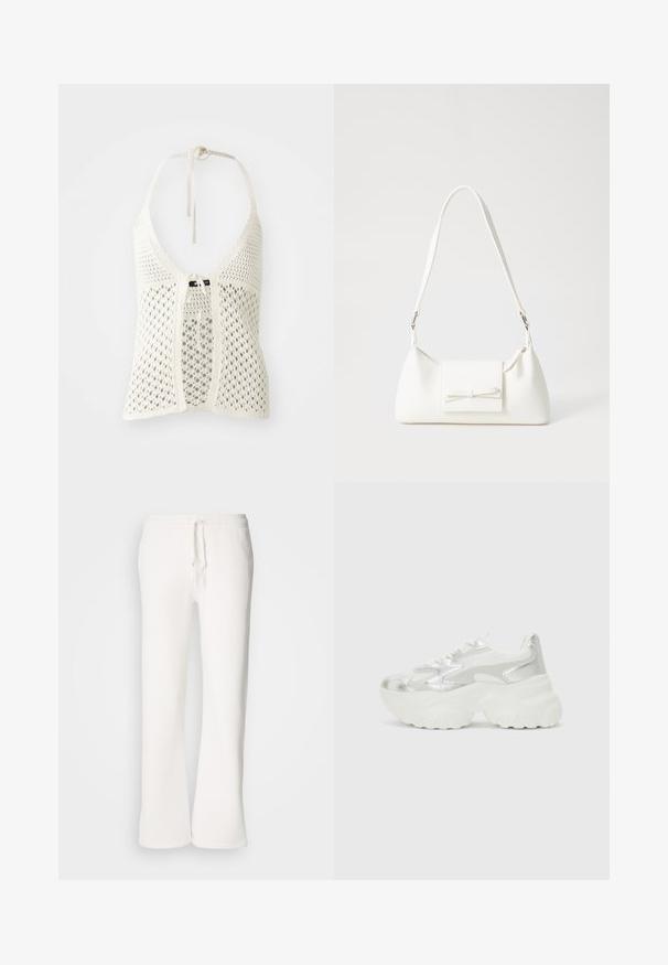 Top halter de crochê branco com um design aberto, cordões ajustáveis no pescoço e um fecho frontal com uma base sólida para suporte.; Calças de fato brancas, de corte descontraído, feitas de um tecido macio, com um cós elástico e um cordão de ajuste, apresentando um design de pernas retas.; Sapatilha prateada com um cabedal em malha texturizada e detalhes iridescentes, apresentando uma sola branca robusta e fecho de atacador.; Mala sintética branca com formato triangular, aba frontal plana e detalhe de laço, alça ajustável, textura suave e design minimalista.