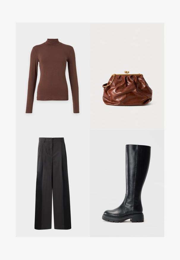 WEEKEND MaxMara MULTIF - Top s dlouhým rukávem - marrone; Černé kalhoty širokého střihu s vysokým pasem, které mají přední sklady, hladký povrch a upravený vzhled. Navrženy pro volný střih.; Černé kozačky po kolena vyrobené z hladké kůže, s kulatou špičkou a robustní gumovou podrážkou s dezény pro lepší trakci.; Hnědá kožená psaníčko s pozlaceným zapínáním a krátkým pozlaceným řetízkem, s jemně nařasenou texturou na bílém pozadí.