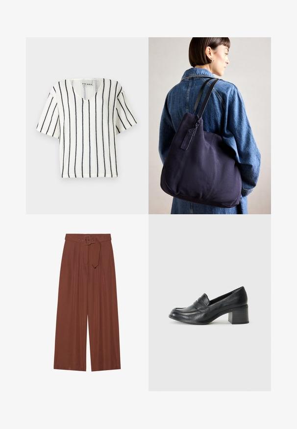 Valge lühikeste varrukatega pluus V-kujulisest kaelusega, millel on mustad vertikaalsed triibud ja tekstuuriga kudumimuster. Brändi silt nähtav krae sees.; Küljed on laiad pruunidest kangast püksid, millel on ruudukujuline pandla ja pleeditud disain, samuti sile tekstuur.; Mustast nahast loafer madala plokkninamehega, ümarate varvastega ja dekoratiivse õmbluse detailiga ülevalt. Ühtlane tekstuur üle kogu kinga.; Tumesinise kangast õlalauk, millel on pehme, struktureeritud kuju, must rihm, tikandiga detailid ja väike brändi silt.