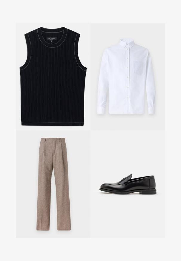 Top senza maniche nero realizzato in tessuto a coste, con scollatura rotonda e orlo pulito. Sottile bordatura a contrasto lungo la scollatura.; Camicia bianca a maniche lunghe con bottoni, realizzata in cotone, caratterizzata da una tasca sul petto con ricamo tonale, colletto e polsini con bottoni.; Pantaloni marroni a vita alta realizzati in tessuto testurizzato. Presentano gambe ampie e due pieghe frontali per struttura. Rifinitura curata senza hardware visibile.; Mocassini neri in pelle con una texture liscia, punta arrotondata e una striscia decorativa sulla tomaia. Tacco basso impilato, design minimalista.