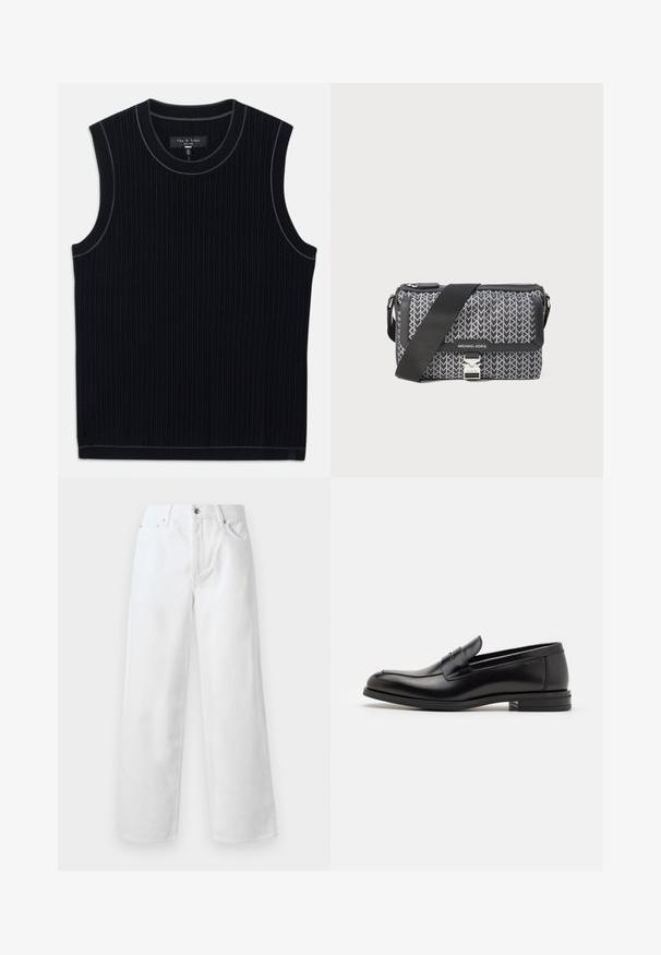 Černý bezrukávový top vyrobený z ribbed (žebrované) tkaniny, s kulatým výstřihem a čistým lemem. Jemné kontrastní lemování podél výstřihu.; rag & bone BAGGY - Baggy džíny - white; Černé kožené polobotky s hladkou texturou, zaoblenou špičkou a zdobným páskem přes nárt. Nízký stohovaný podpatek, minimalistický design.; Černá a šedá křížová taška s geometrickým vzorem, zipovým uzavřením a stříbrnými kovovými detaily. Součástí je nastavitelný popruh.