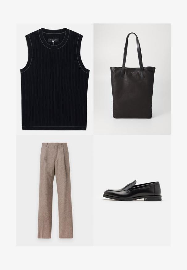 Zwart mouwloos topje van ribbenstof, met een ronde halslijn en een nette zoom. Subtiele contrastrand langs de halslijn.; Bruine, hooggewaisted broeken van een gestructureerde stof. Heeft wijde benen en twee voorplooien voor extra structuur. Net afgewerkt zonder zichtbare hardware.; Zwarte leren instappers met een gladde textuur, ronde neus en een decoratieve band over de wreef. Lage, gestapelde hak en minimalistisch ontwerp.; Zwarte canvas schoudertas met zwarte leren handvaten. Eenvoudig ontwerp, ruime body en een gladde textuur. Geen zichtbare logo's of patronen.