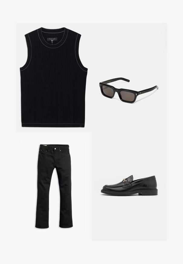 Juodas be rankovių marškinėlis, pagamintas iš raštuoto audinio, su apvaliu kaklu ir švariu apdailos kraštu. Subtilus kontrastingas apvadas aplink kaklą.; Juodos džinsinės kelnės su tiesiu kirpimu, penkiomis kišenėmis, metaliniu užsegimu ir subtiliomis siuvimo detalėmis. Lygus paviršius ir vientisa spalva.; Juodos odinės loafer tipo bateliai su apvaliuku, su auksinėmis detalėmis ir siuvinėjimo akcentais, įrengti ant žemos, tekstūruotos gumos pado.; Juodos stačiakampės akinių nuo saulės su tamsiais objektyvais, storu plastiko rėmu, auksinėmis detalėmis ant šventyklų ir prekės ženklo logotipu išgraviruotu ant šono.; Juodas odinis kryžminis krepšys su sklendės uždarymu, sidabro spalvos detalėmis ir dviem apvaliais akcentais. Yra nusiimamas diržas. Lygus paviršius.