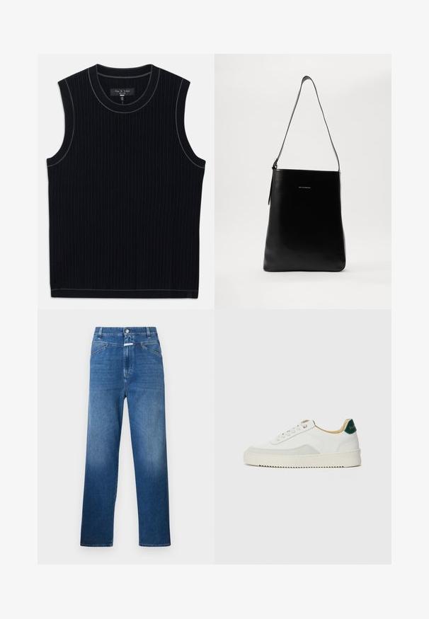 Top negru fără mâneci, realizat dintr-un material ribbed, cu un decolteu rotund și tiv curat. Detaliu subtil cu un contrast pe marginea decolteului.; Jeans din denim albastru cu o croială dreaptă, având închidere cu nasture, bucle pentru curea și o ușoară decolorare pe coapse.; Sneaker alb cu accente din suede, vârf rotund, șireturi plate și o talpă din cauciuc crem. Are un logo verde pe călcâie.; Geantă de umăr din piele neagră, cu o textură netedă, formă rectangulară și o curea lungă; prezintă un mic logo alb în centrul ei.