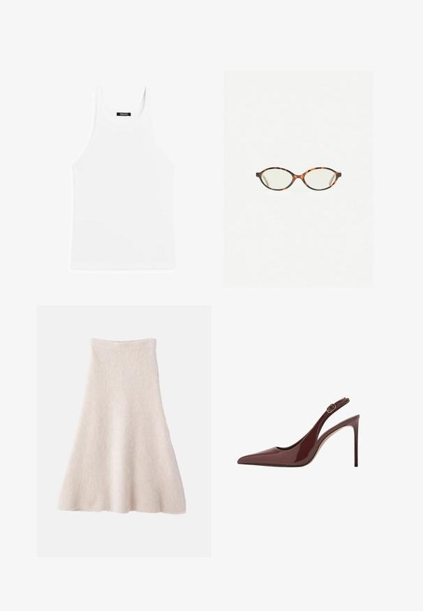 Biała bawełniana koszulka na ramiączkach z prążkowaną teksturą, okrągłym dekoltem i szerokimi ramiączkami. Metka umiejscowiona z tyłu wewnątrz dekoltu.; Jasno beżowa spódnica w kształcie litery A, wykonana z miękkiego, teksturowanego materiału, z gładkim pasem w talii i lejącą sylwetką.; Ciemnobrązowe lakierowane skórzane czółenka na wysokim obcasie z zasuwanym paskiem na kostce oraz smukłym obcasem typu stiletto.; Okulary w kolorze tortoiseshell z owalnymi soczewkami i gładkim, eleganckim wykończeniem. Posiadają cienkie boki z delikatnym łukiem w okolicy skroni. Przezroczyste soczewki.