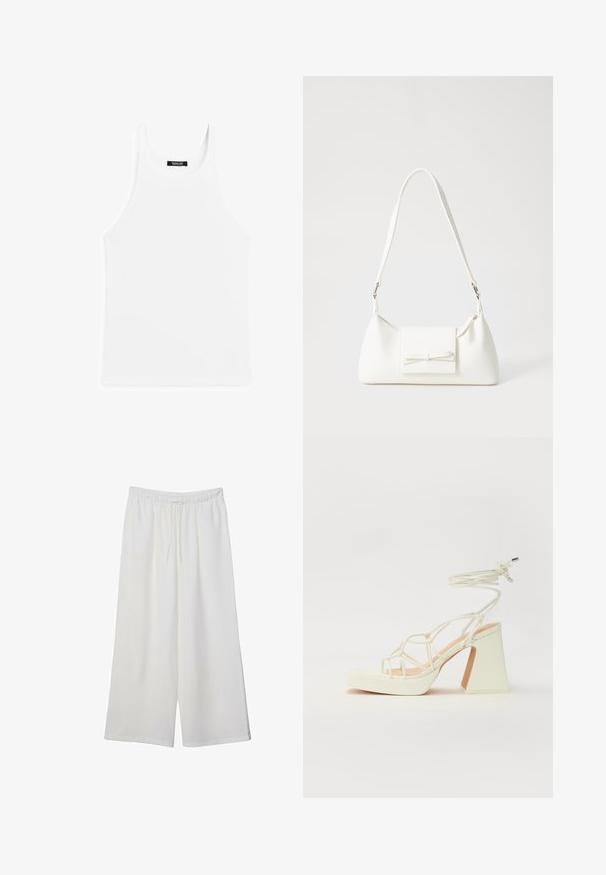 Hvid bomulds tanktop med ribbet tekstur, rund halsudskæring og brede skulderstropper. Etiketten er placeret bagpå inde i halsudskæringen.; Hvide vidde bukser lavet af letvægtsstof, med en elastisk talje og snøre for justerbar pasform. Glat tekstur.; Hvide højhælede sandaler med en kraftig hæl, der har et stropdesign og ankelbinding. Glat tekstur med en platform foran for ekstra højde.; Hvid syntetisk håndtaske med en trekantet form, flad forsideklap og sløjfedetalje, justerbar strop, glat tekstur og minimalistisk design.