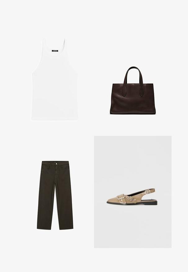 Witte katoenen tanktop met geribbelde textuur, ronde halslijn en brede schouderbanden. Label bevindt zich aan de binnenkant van de halslijn aan de achterkant.; Donkergroene wijde jeans van een katoenmix, met een sluiting met een voorste knop, vijf zakken en klassieke denimstiksels.; Beige gepatineerde slingback schoenen met een spitse neus, twee verstelbare gespen en een lage zwarte hak. Glad textuur met een glanzende afwerking.; Bruine leren tote bag met twee verlengde handvatten, gestructureerde rechthoekige vorm, gladde textuur en subtiele stiksels.