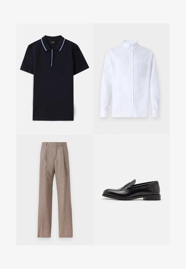 Navy blue polo shirt made of cotton, featuring a classic collar and contrasting light blue stripes along the collar and placket.; White long-sleeve button-up shirt made of cotton, featuring a chest pocket with tonal embroidery, a collar, and button cuffs.; Brown, high-waisted trousers made of textured fabric. Features wide legs and two front pleats for structure. Neat finish with no visible hardware.; Black leather loafers with a smooth texture, rounded toe, and a decorative strap across the vamp. Low stacked heel, minimalist design.