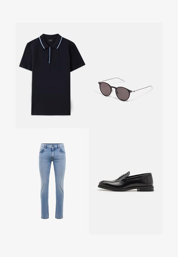 Tumesinine polo-särk, mis on valmistatud puuvillast, klassikalise kraega ja kontrastsete helesiniste triipudega krael ja nööpide ningotuses.; Heledad sinine denimist teksapüksid, kitsas lõige, viie taskuga ja sirge jalaga disain. Omab tõmblukkuga lukkuklappi ja vöörihmasid. Pehme tekstuur.; Mustad mustad nahast loafers sileda tekstuuriga, ümarat ninaosa ja dekoratiivne riba vampi üle. Madal kihiline konts, minimalistlik disain.; Mustad mustad prillid tumedate läätsedega ja õhukeste metallist käepidemetega. Kaarja kujuga seljaosa ja hõbedased aktsendid hingel. Minimalistlik disain.