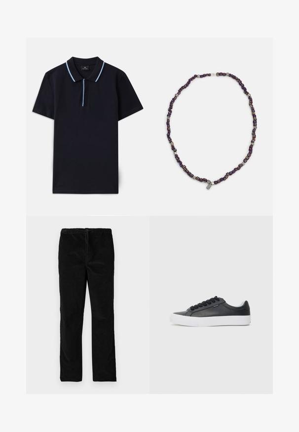 Camisa polo azul-marinho feita de algodão, com um colarinho clássico e riscas em azul-claro em contraste ao longo do colarinho e da pala.; Calças de veludo pretas de pernas retas com cintura elástica e cordão frontal, exibidas contra um fundo branco liso.; Sapatilha de couro preto com sola de borracha branca, bico redondo e atacadores pretos, apresentando uma textura suave e um design minimalista.; Colar de contas multicoloridas com contas azul escuro, vermelho e amarelo, intercaladas com acentos prateados e um pingente pendurado.
