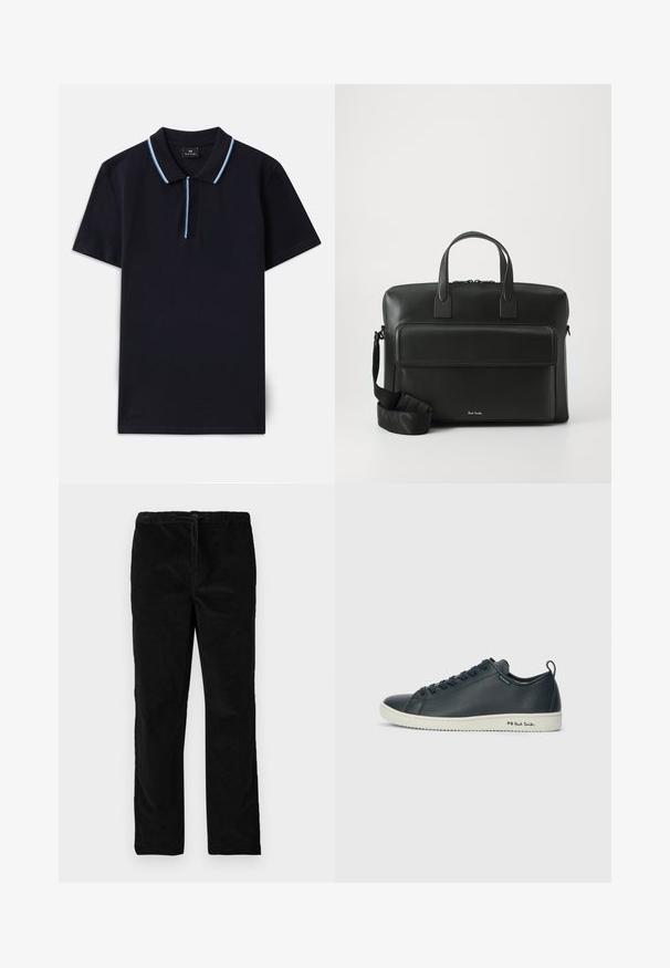 Camisa polo azul-marinho feita de algodão, com um colarinho clássico e riscas em azul-claro em contraste ao longo do colarinho e da pala.; Calças de veludo pretas de pernas retas com cintura elástica e cordão frontal, exibidas contra um fundo branco liso.; Sapatilhas de couro azul-marinho escuras com um acabamento suave, bico arredondado, um fecho de seis ilhós e sola de borracha branca contrastante. Apresenta a marcação na lateral.; Malote em couro preto com duas alças superiores, um bolso frontal e uma alça destacável, apresentando uma marcação discreta na parte inferior.