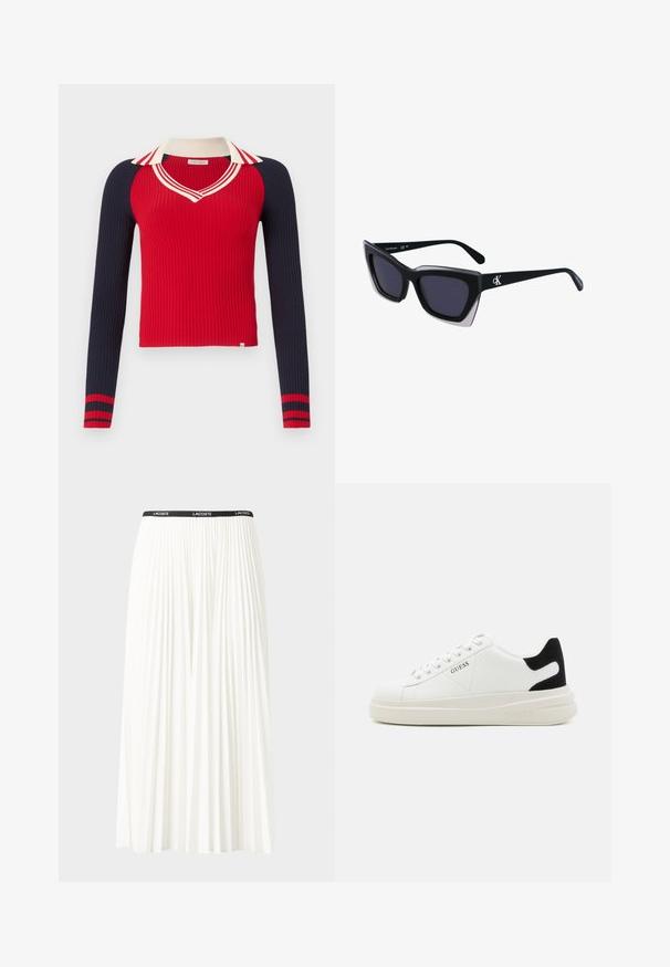 Pletena jopica z rebrastim vzorcem, rdečega telesa in mornarsko modrimi rokavi, ki ima bel ovratnik z rdečimi črtami in vodoravne črte na manšetah.; Gubasta bela krila z črnim elastičnim pasom, ki nosi logotip "LACOSTE". Srednje dolga zasnova z mehkobo tkanine.; Bele usnjene športne copate z debelim belim podplatom, črnimi semišnimi detajli na peti in utisnjenim logotipom na strani. Zavezovanje s šestimi luknjicami.; Črne prevelike sončne očala geometrijske oblike, z temnimi lečami in kontrastno sivo podrobnostjo na okvirju. Logo na ročaju.