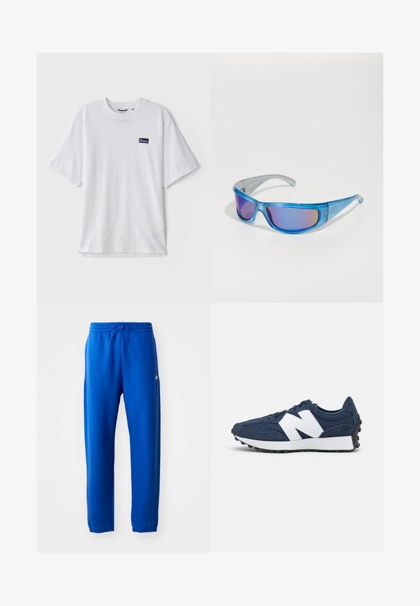Balta kokvilnas T-krekls ar apaļu kakla izgriezumu, īsām piedurknēm un tumši zilu taisnstūrveida logo uzlīmi kreisajā krūšu daļā.; Zilas sporta bikses, kas izgatavotas no mīkstas auduma, ar elastīgu jostasvietu un aukliņu, sašaurinātām kājām un nelielu logotipa detaļu sānos.; Jūras zila sportiskā apavi ar baltu logo, zamša un acu augšdaļa, ar mīkstu apkakli, plakaniem šņores un strukturētu melnu gumijas zoli.; Zilas saulesbrilles ar caurspīdīgu rāmi, spoguļa lēcas ar gradienta slīpumu un sportisku dizainu, kas nodrošina drošu piegulšanu aktivitāšu laikā.