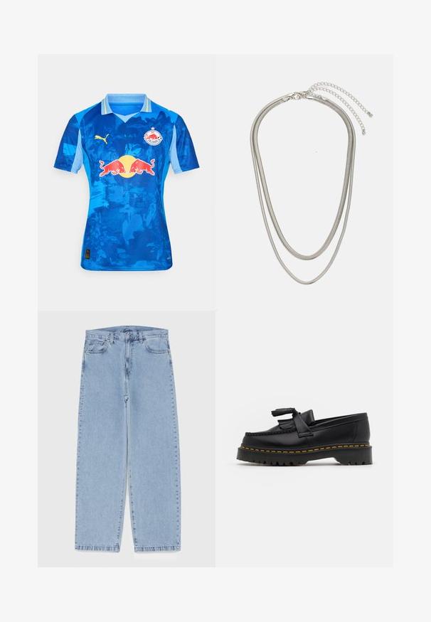 Plavi nogometni dres s gradijentnim dizajnom, Puma logo na lijevoj prsnoj strani i Red Bull logo u središtu. Kratki rukavi i klasična kragna.; Svijetloplave traperice s ravnim nogavicama, sa srednjim strukom, pet džepova i zatvaranjem na dugme i patentni zatvarač.; Crna kožna loaferica s resicama, koja ima čvrst crni potplat i žute šavove duž ruba. Teksturirana završna obrada.; Necklace od tri sloja srebrnog metala s elegantnim, fleksibilnim lančićima blagog sjaja, zatvoren s karabinera i prilagodljivim lančićem.