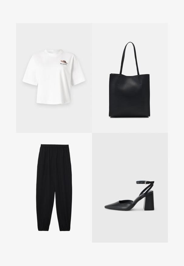 T-shirt de manga curta branca com um gráfico de um chapéu com a palavra "BLAZING" em bordado preto e verde no peito.; Calças pretas, leves, com um cinto elástico e punhos franzidos. O tecido é suave e apresenta um design relaxado e afunilado.; Sandal com biqueira afilada em couro preto, com cinta no tornozelo e salto grosso. Textura lisa, design elegante e estética minimalista.; Bolsa tote preta em couro com textura lisa, forma retangular e duas alças longas. Sem hardware ou enfeites visíveis.