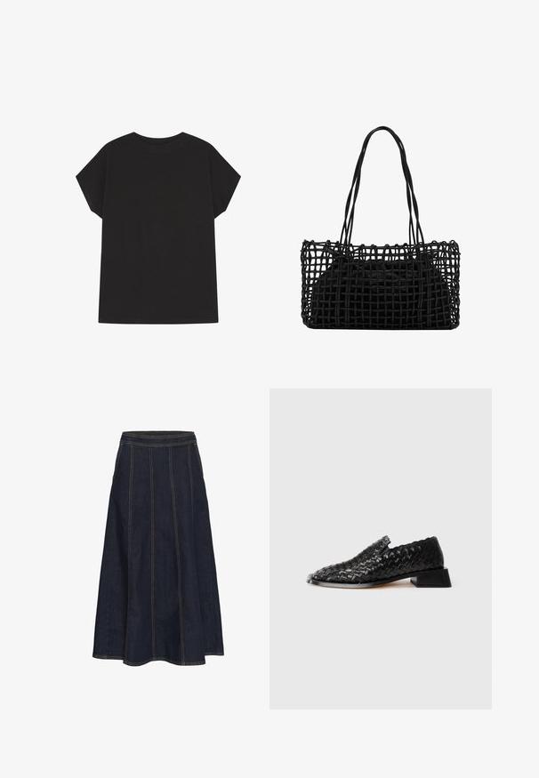 Black short-sleeve t-shirt made of cotton, featuring a simple design, relaxed fit, and curved neckline. No patterns or accents visible.; Dark denim A-line skirt featuring a wide waistband, visible stitching, and a flared hem. No pockets or embellishments are present.; Black leather woven slip-on shoe with low block heel and scalloped edge detail, displayed on a white background.; Black woven handbag with an open netted design and two long handles. Features a solid black interior bag for storage.