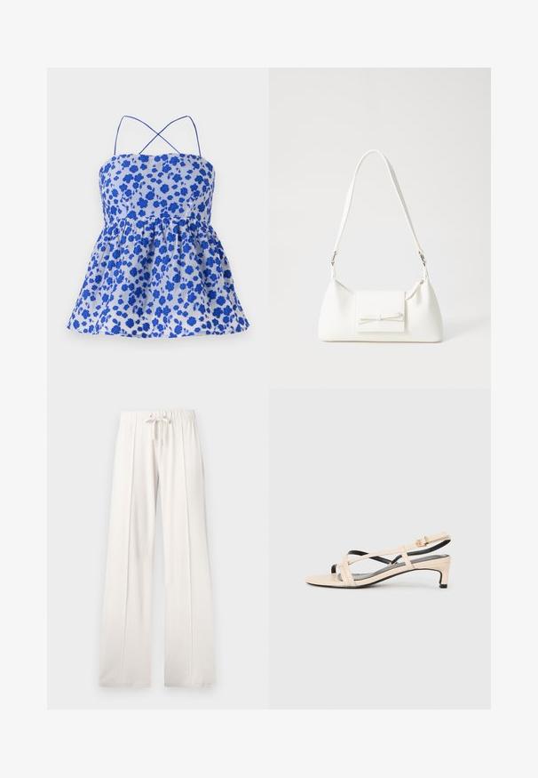 Sinine lilleline top, millel on õhukesed rihmad, kogutud vöökoht ja laienev äär. Valmistatud kergest kangast. Omab väikeseid siniseid lilli heleda tausta peal.; Heledad beežid püksid, mis on valmistatud pehmest kangast, millel on paelaga vöökoht, laiad sääred ja vertikaalsed õmblused, lisaks sujuv tekstuur.; Beež nahast slingback-sandaalid ristkülikukujuliste rihmadega, madala kannaga ja mustade aktsentidega. Sile tekstuur ja minimaliseeritud disain.; Valge sünteetilisest materjalist kott kolmnurkse kujuga, lame esiklapiga ja kaaredetailiga, reguleeritava rihmaga, sileda tekstuuriga ja minimalistliku disainiga.