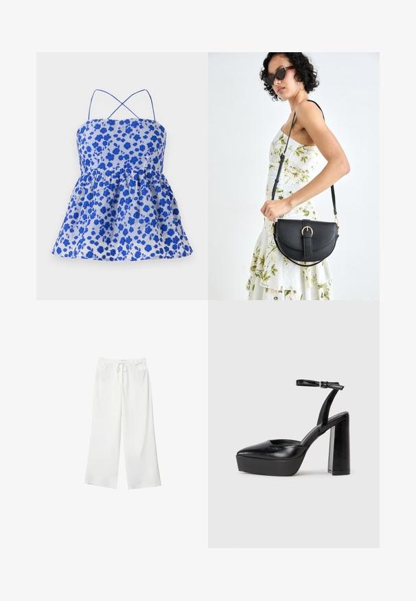 Blauwe top met bloemenprint, spaghetti bandjes, verzameld taille en uitlopende zoom. Gemaakt van lichtgewicht stof. Kenmerkt zich door kleine blauwe bloemen op een lichte achtergrond.; Witte wijde broek van zacht materiaal, met een koordsluiting in de taille en twee steekzakken. Soepele textuur en geen zichtbare patronen.; Zwarte plateauhakken met een puntige neus en verstelbare enkelband. Gemaakt van soepel leer, met een robuuste blokhak.; Zwarte leren handtas met een gebogen vorm, afneembare schouderband en gouden hardware. De tas heeft een klep met een gespsluiting.