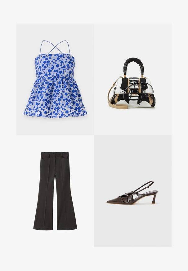 Bluse mit blauem Blumenmuster, Spaghettiträgern, gerafftem Tailleinsatz und ausgestellt geschnittenem Saum. Hergestellt aus leichtem Stoff. Mit kleinen blauen Blumen auf hellen Hintergrund.; Schwarze, weit geschnittene Hosen mit hoher Taille; verfügt über zwei Fronttaschen und eine glatte Stoffoberfläche. Geeignet für verschiedene Anlässe.; Braune Lacklederslingback mit spitzem Schuhspitzen, verstellbaren Riemen und dekorativen Schnallen an der Vorderseite. 3 Zoll Absatzhöhe.; Mehrfarbige Handtasche aus schwarzem, weißem und beigem Netzmaterial. Verfügt über einen strukturierten Griff, ein Schnürdesign und einen abnehmbaren Schultergurt.