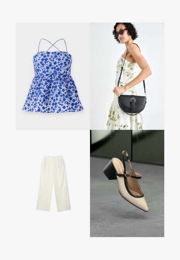 Nieba-niebieska top z nadrukiem kwiatowym, z ramiączkami spaghetti, zgromadzonym w pasie i rozkloszowanym dołem. Wykonany z lekkiego materiału. Ozdobiony małymi niebieskimi kwiatami na jasnym tle.; Spodnie z szerokimi nogawkami w kremowej tkaninie o gładkiej fakturze, z pojedynczym guzikiem z przodu, subtelnymi plisami i wysokim stanem.; Beżowe buty typu slingback z ostrym noskiem, czarnym wykończeniem, złotą klamrą i grubym obcasem na szarym podłożu z ciemnozielonym tłem.; Czarna skórzana torebka o zakrzywionym kształcie, z odpinanym paskiem i złotymi akcentami. Torebka posiada klapę z zapięciem w kształcie klamry.