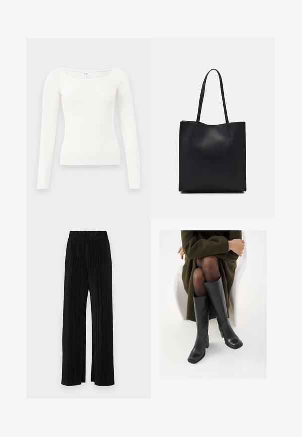 White long-sleeve ribbed top with a square neckline, made of soft fabric. Features fitted design and seamless hems for a clean look.; Black pleated trousers with an elastic waistband. Features wide legs and a smooth, textured fabric with vertical stripes.; Knee-high black leather boots with a squared toe and block heel, shown with a model seated in an olive green coat. Smooth texture, minimal detailing.; Black leather tote bag with smooth texture, rectangular shape, and two long handles. No visible hardware or embellishments.