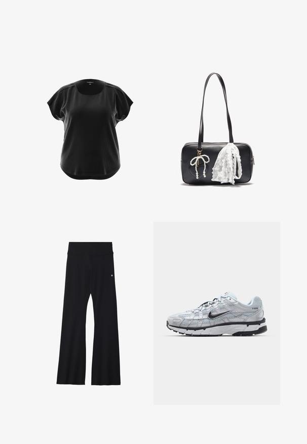 Zwarte top met korte mouwen en ronde halslijn, gemaakt van ribbelstof. Heeft een relaxte pasvorm en een ronde zoom aan de onderkant.; Zwarte wijde broek gemaakt van rekbare stof, met een brede tailleband en een klein logo op de heup. Gladde textuur en een broek van volledige lengte.; Nike P-6000 sneakers met een lichtgrijze mesh bovenkant, zwarte accenten en een duurzame zwarte rubberen zool. Kenmerkt zich door een ingewikkeld ontwerp en vetersysteem.; Even&Odd Handtas - black