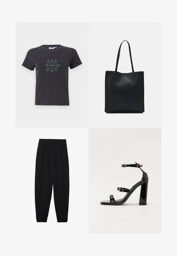 Svart bomull t-skjorte med korte ermer, med et fargerikt spiraldesign og logo i sentrum. Rund hals, avslappet passform.; Svarte, lette bukser med elastisk liv og rynkede ankler. Stoffet er glatt og har en avslappet, innsvingt design.; Svart høyglans sandaler med hæl, firkantet tå, ankelremmer og sølvspenner. Har en kraftig blokkhæl for stabilitet.; Svart lær tote bag med glatt tekstur, rektangulær form og to lange håndtak. Ingen synlige deler eller dekorasjoner.
