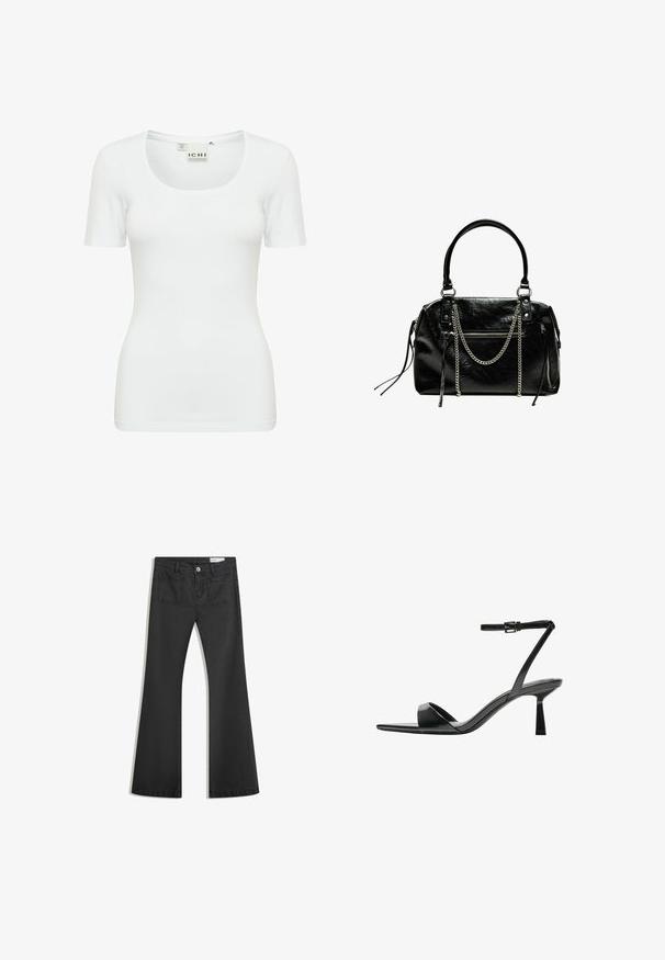 White short-sleeve t-shirt made of stretch fabric with a scoop neck and fitted design, featuring a smooth texture and no visible patterns.; Black flared jeans made of denim with a smooth texture, featuring two back pockets and a button closure at the waist.; Bershka High heeled sandals - black; Bershka WITH CHAIN - Handbag - black